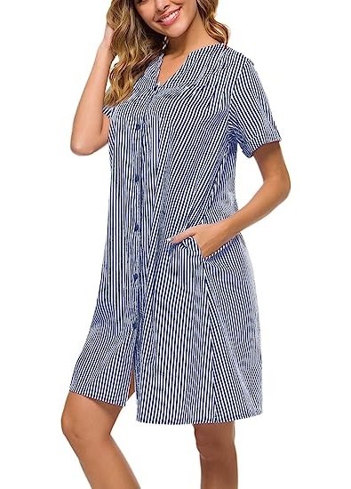 Women Cotton Duster Robe Short Sleeve Housecoat Button Down Nightgown