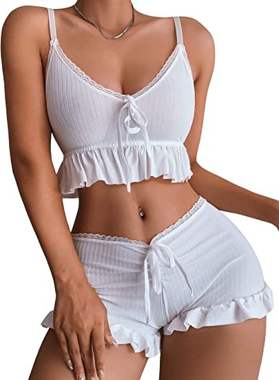 Women's 2 Piece Lingerie Set Ruffle Trim Tie Front Cami Top and Shorts Sleepwear